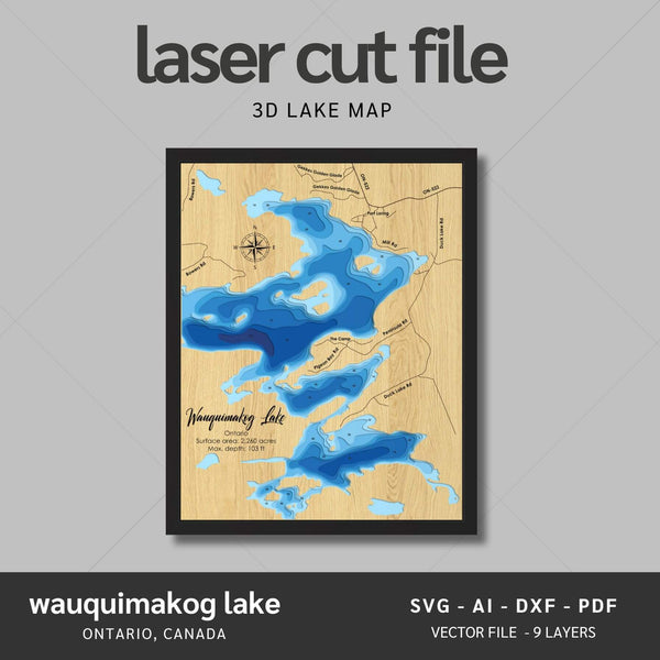 Wauquimakog Lake, Ontario Laser Map Files - 9 Layers - Svg/Ai/Dxf/Pdf