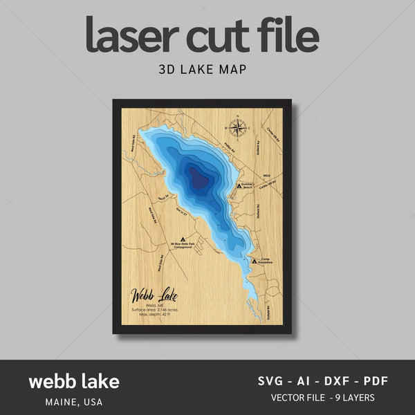 Webb Lake, Maine Laser Map Files - 9 Layers - Svg/Ai/Dxf/Pdf