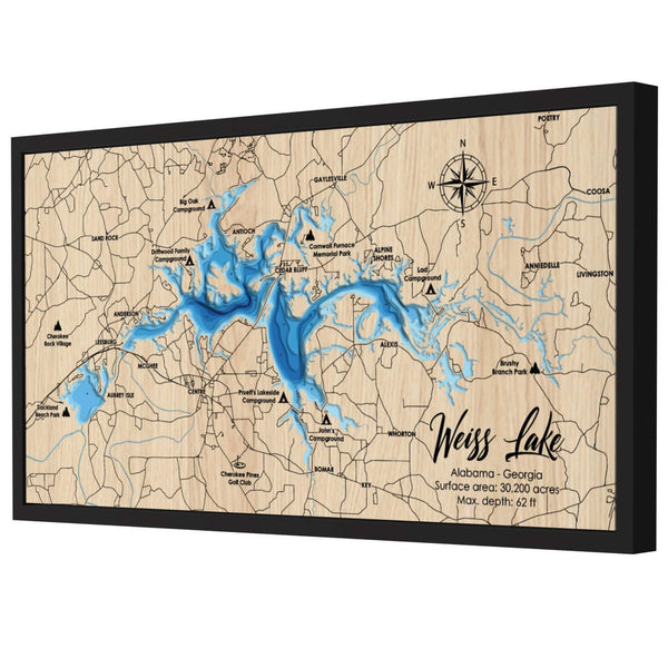 Weiss Lake Map, Alabama & Georgia - Personalized 3D Wood Map - Depth Map Wall Art - Lake House Gifts