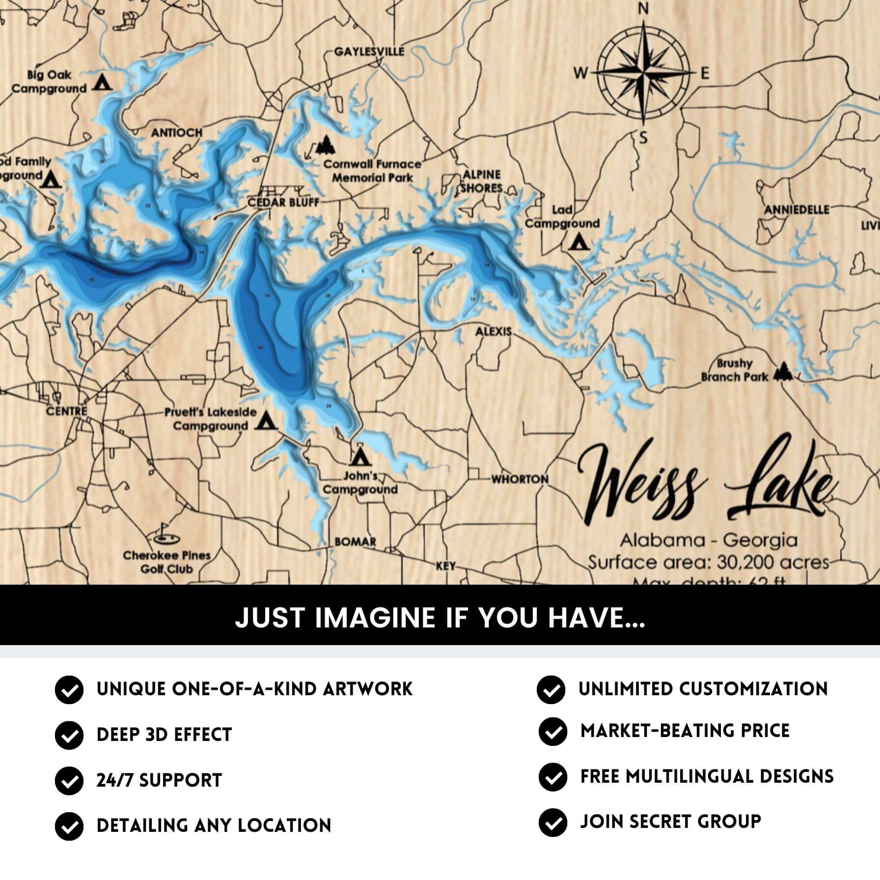 Weiss Lake, Alabama & Georgia 3D Laser Map Files - Svg/Ai/Dxf/Pdf – Moc ...