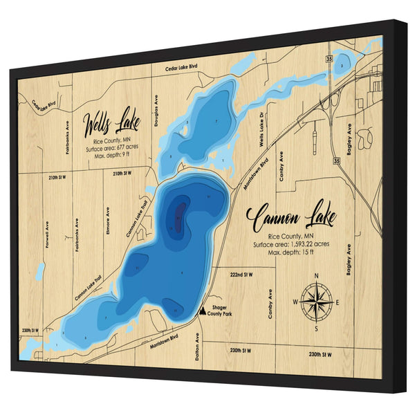 Wells & Cannon Lake Map, Minnesota - Personalized 3D Wooden Map - Depth Map Wall Art - Gifts for Lake House