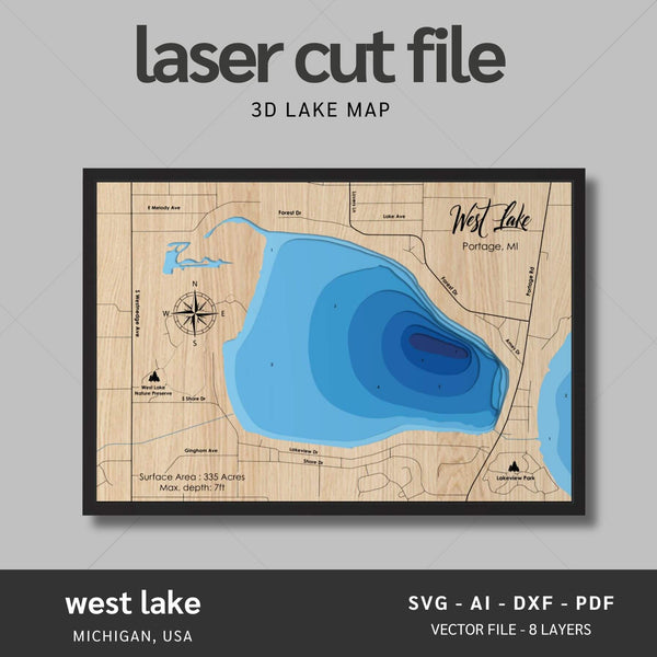 West Lake, Michigan Laser Map Files - 8 Layers - Svg/Ai/Dxf/Pdf