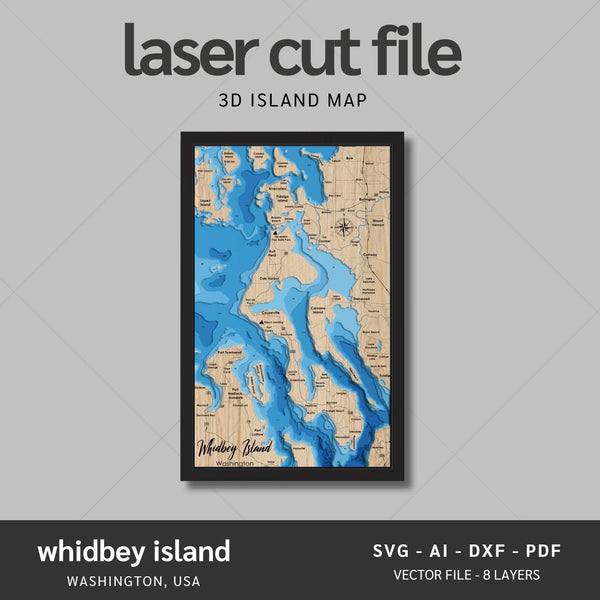 Whidbey Island, Washington Laser Map Files - 8 Layers - Svg/Ai/Dxf/Pdf