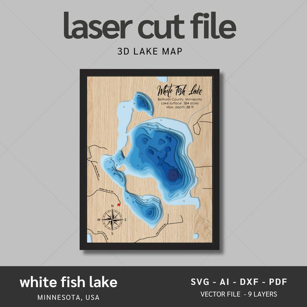 White Fish Lake, Minnesota Laser Map Files - 10 Layers - Svg/Ai/Dxf/Pdf