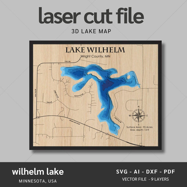 Wilhelm Lake, Minnesota Laser Map Files - 8 Layers - Svg/Ai/Dxf/Pdf