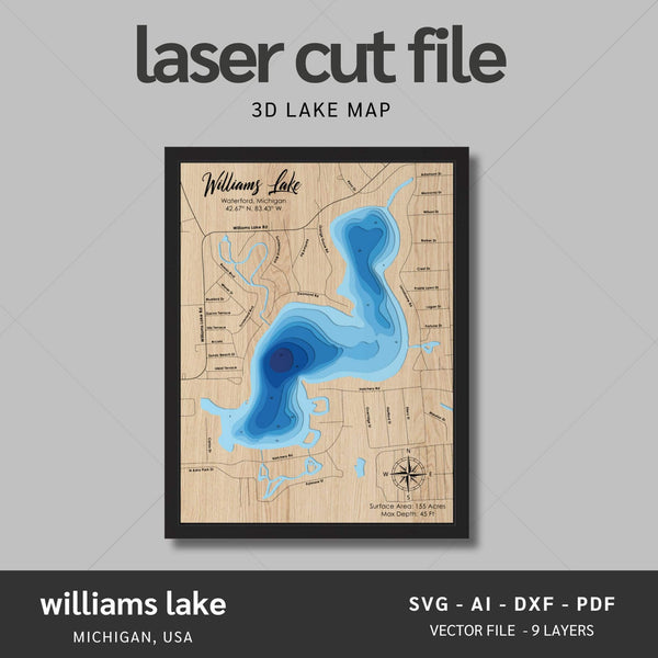 Williams Lake, Michigan Laser Map Files - 9 Layers - Svg/Ai/Dxf/Pdf