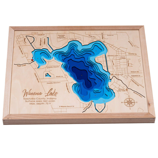 Winona Lake 3D Wooden Map – Blue – 9 Layers