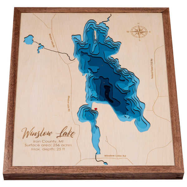 Lake Winslow 3D Wooden Map - Dark Blue – 9 Layers