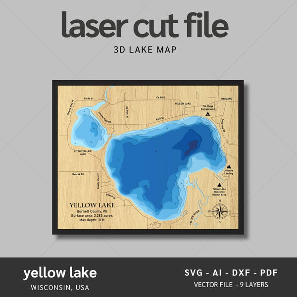 Yellow Lake, Wisconsin Laser Map Files - 9 Layers - Svg/Ai/Dxf/Pdf