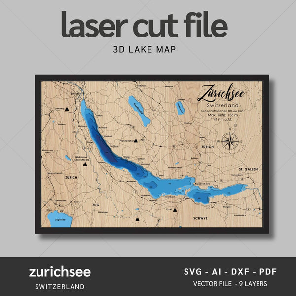 Zurichsee, Switzerland Laser Map Files - 9 Layers - Svg/Ai/Dxf/Pdf