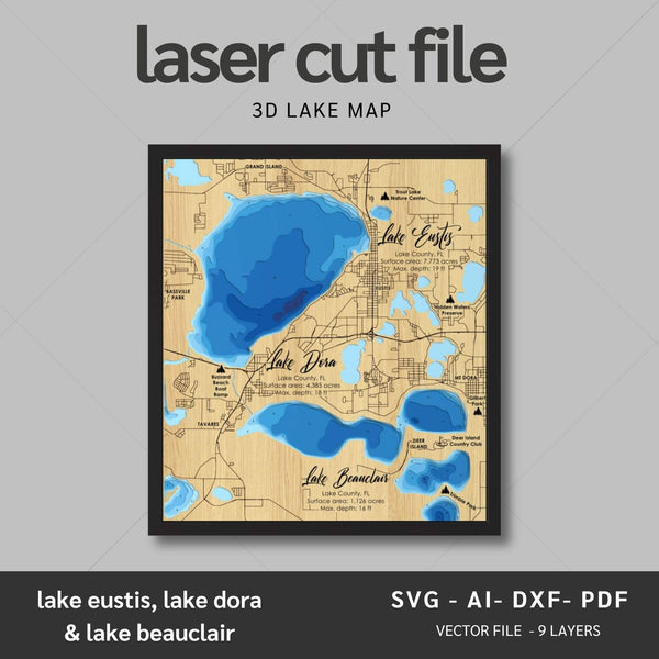 Lake Eustis, Lake Dora and Lake Beauclair Laser Map Files - 9 Layers - Svg/Ai/Dxf/Pdf