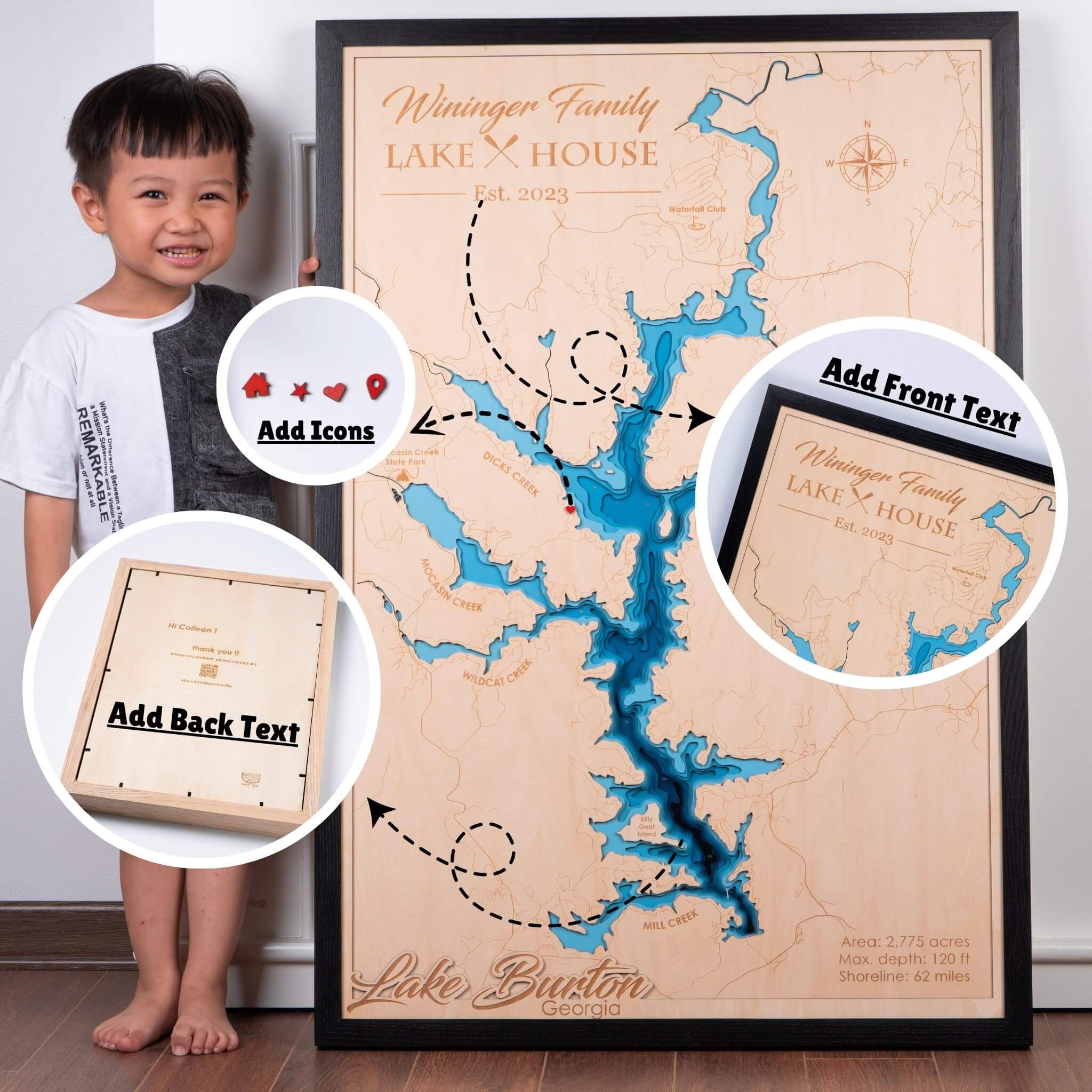 Tellico Lake, Tennessee 3D Wood Map - Dark Blue - 9 Layers – Moc