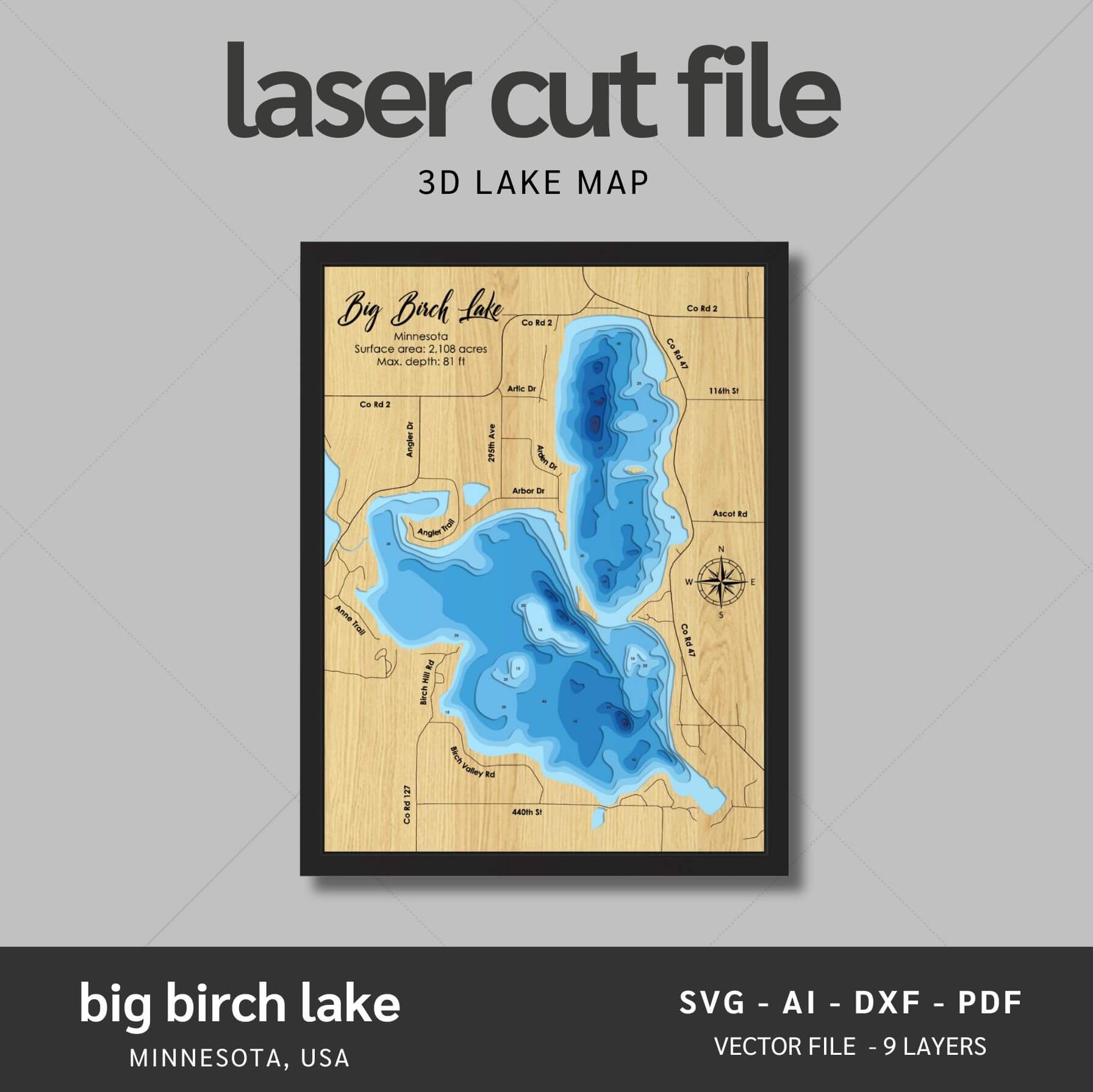 Big Birch Lake, Minnesota Laser Map Files - 9 Layers - Svg/Ai/Dxf/Pdf ...